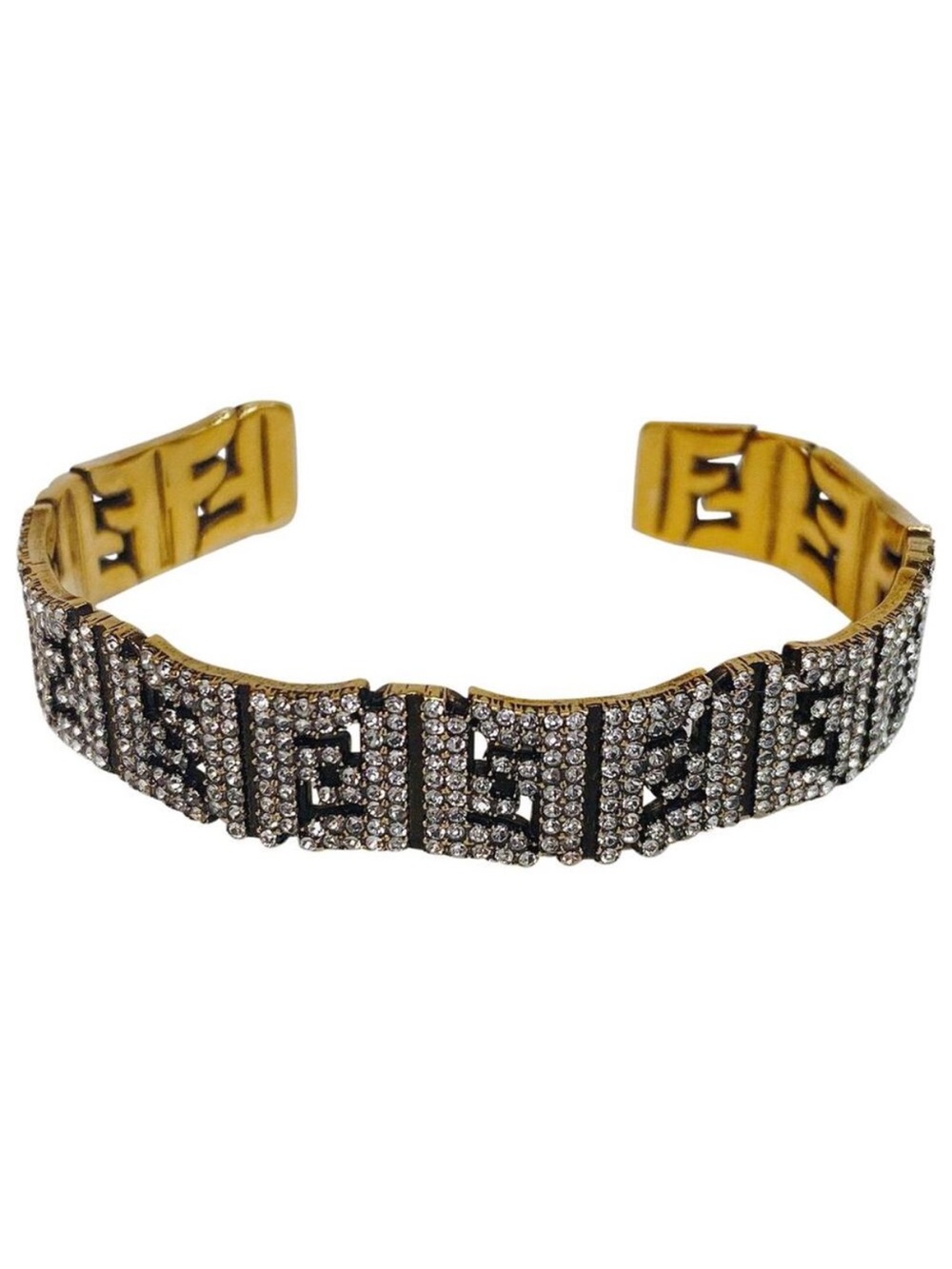 FENDI FF logo crystal gold tone bracelet cuff bangle M